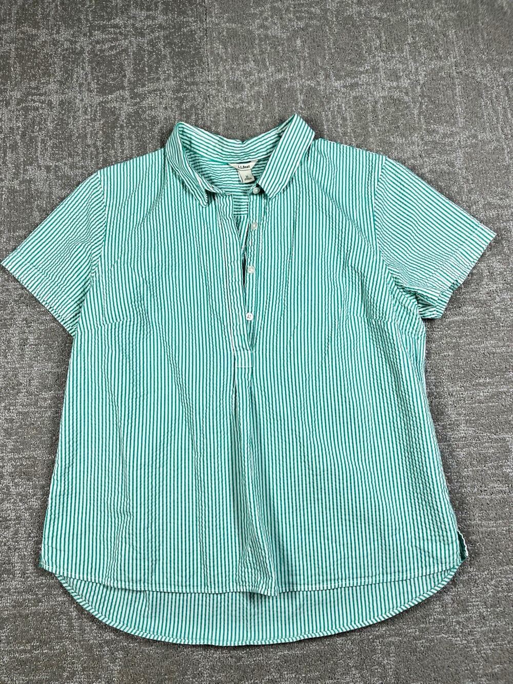 L.L.Bean Striped Button Down Collared Short Sleeve Cotton Blouse Womens M